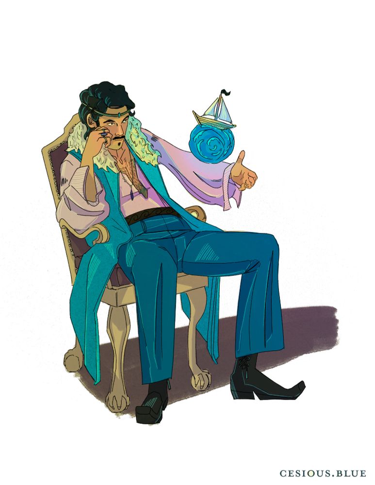 a man wearing a slim crown and a long teal vest lounging back in a chair looking at a water orb balancing a toy sailboat