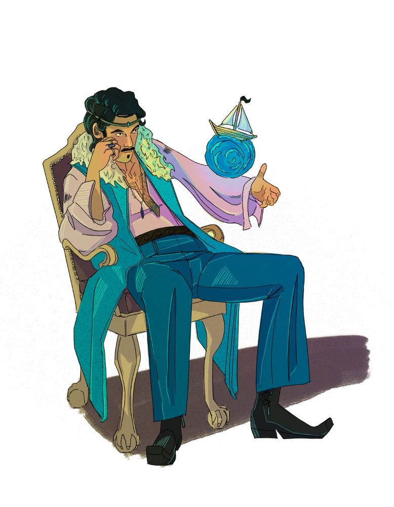 A wizard slouched in a chair looking at an orb of water topped with a lil sailboat 