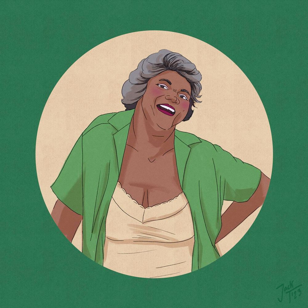 portrait in green of Miss Major, a smiling black woman with grey hair