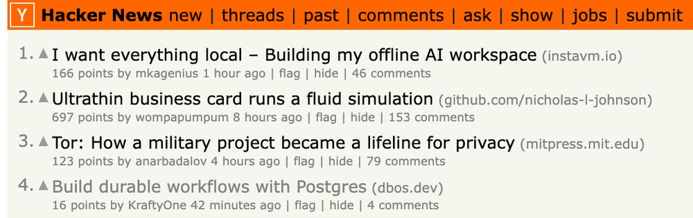 A screenshot of the front page of HackerNews. DBOS is top-4.