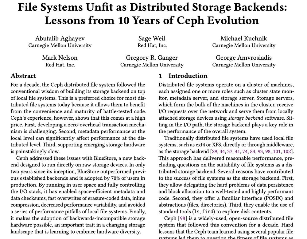 Screenshot of the paper File Systems Unfit as Distributed Storage Backends: Lessons from 10 Years of Ceph Evolution https://dl.acm.org/doi/pdf/10.1145/3341301.3359656