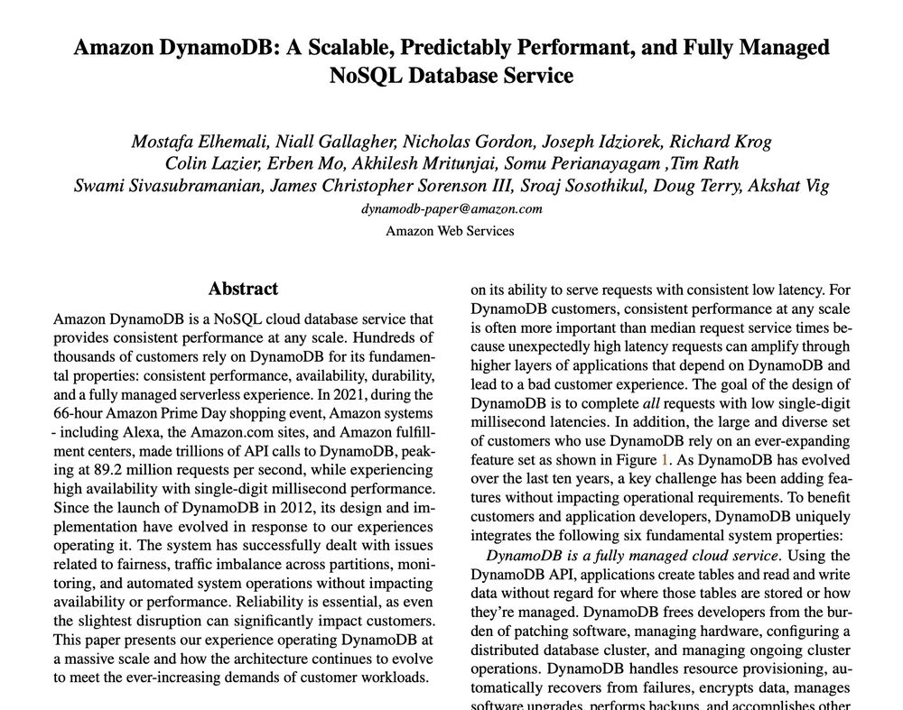 A screenshot of the paper "Amazon DynamoDB: A Scalable, Predictably Performant, and Fully Managed NoSQL Database Service"
https://www.usenix.org/conference/atc22/presentation/elhemali