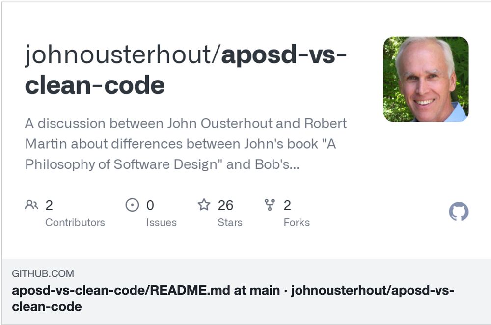 Social preview of https://github.com/johnousterhout/aposd-vs-clean-code/blob/main/README.md