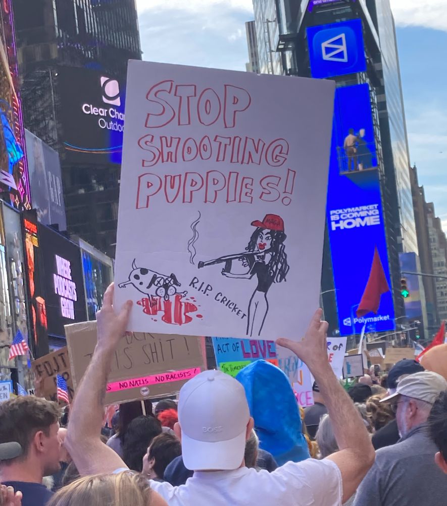 Someone holding a sign that says "STOP SHOOTING PUPPIES", referencing how Noem (depicted in the sign) killed her own dog by shooting it.