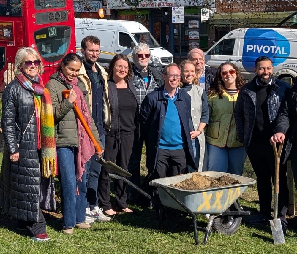 Photo of members of Streatham Business Improvement Board on Streatham Green at start of works to improve the Green 