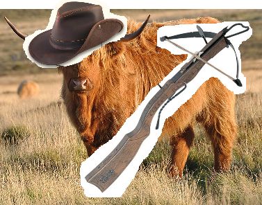A cow with a crossbow wearing an Australian Bush Hat.  Brought to you by the powers of Google image search and MS Paint.
