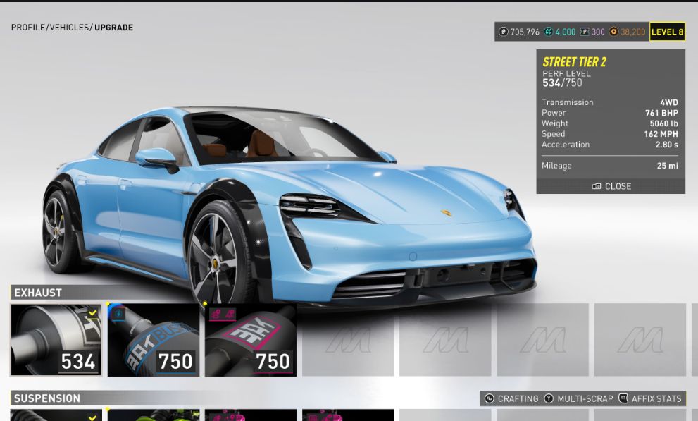 Screenshot from The Crew: Motorfest showing a blue Porsche Taycan (an electric vehicle) on an upgrade screen with Exhaust options shown. 