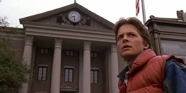 Reference screenshot from "Back to the Future" of Marty McFly in front of the Hill Valley Courthouse. 