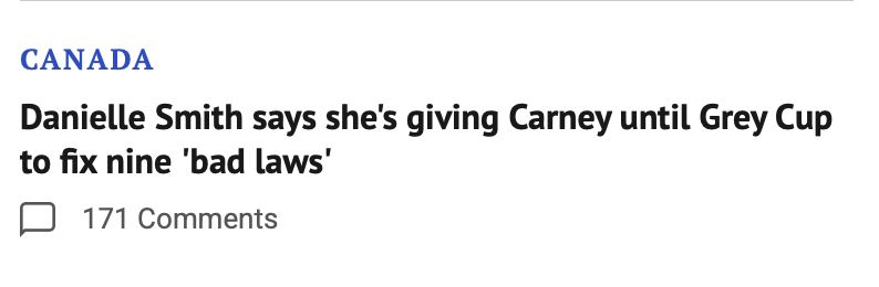 CANADA
Danielle Smith says she's giving Carney until Grey Cup to fix nine 'bad laws'