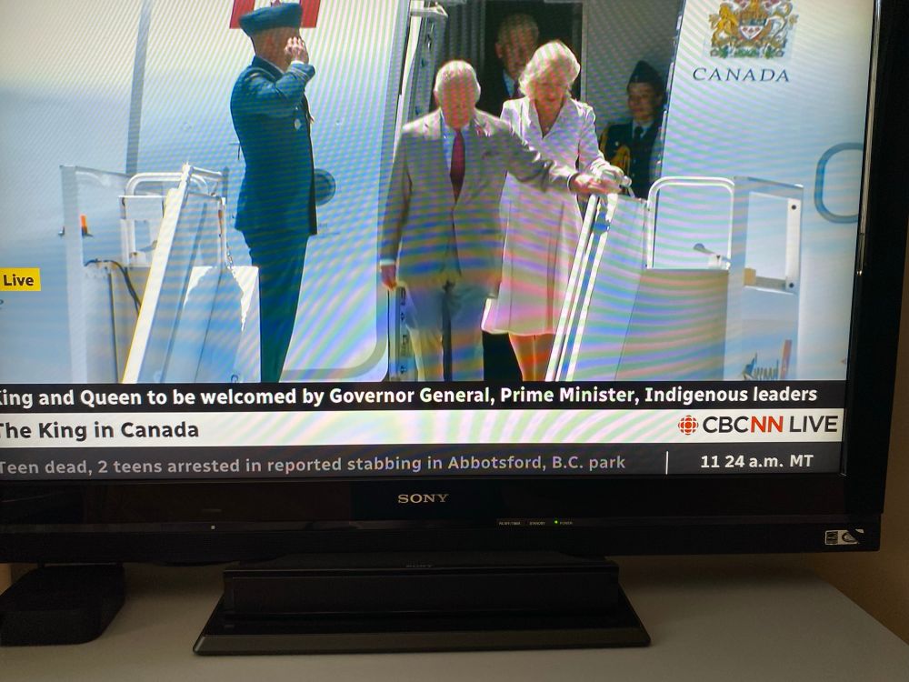 The King and Queen descend from the aircraft. 