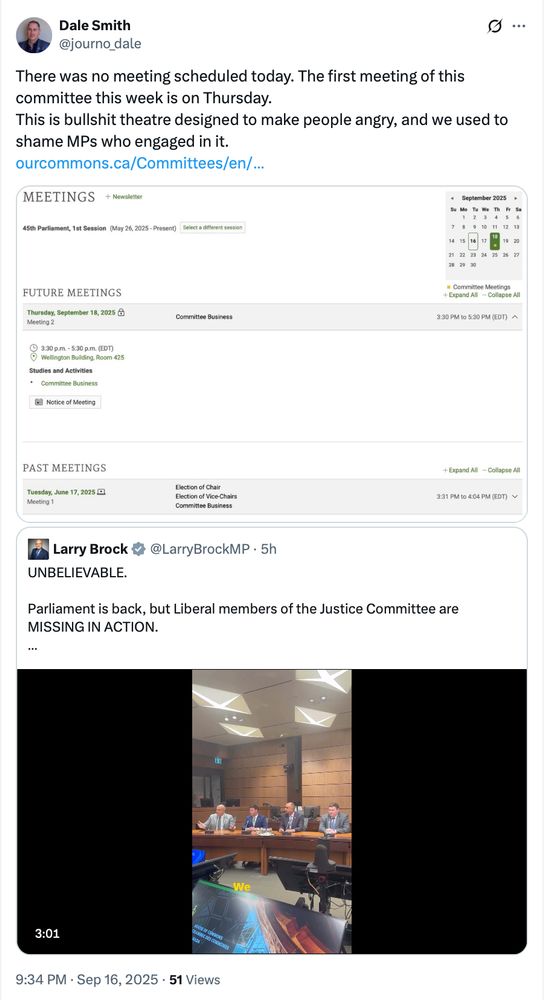 There was no meeting scheduled today. The first meeting of this committee this week is on Thursday.
This is bullshit theatre designed to make people angry, and we used to shame MPs who engaged in it. 

Quoting MP Larry Brock:
UNBELIEVABLE.

Parliament is back, but Liberal members of the Justice Committee are MISSING IN ACTION.