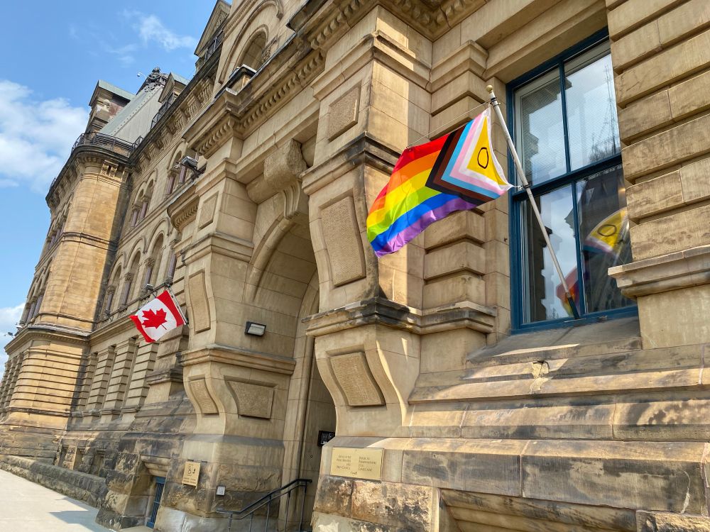 A progress pride flag outside of the unused ceremonial entrance to the Prime Minister’s Office building on Wellington Street. 