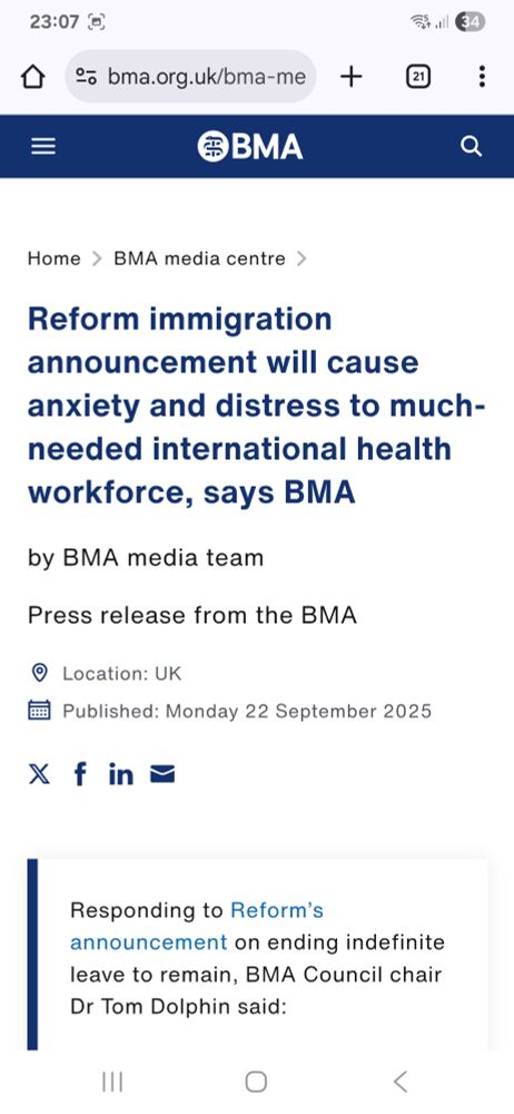 British Medical Association press release headlined 'Reform immigration announcement will cause anxiety and distress to much-needed international workforce, says BMA'.