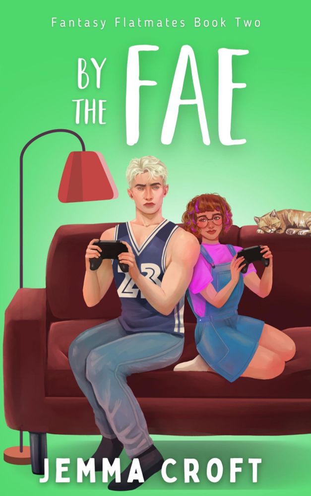 By The Fae by Jemma Croft. 
A blonde man and a smaller brunette woman are sitting on a couch, game controllers in hand.