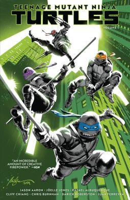 Cover of Teenage Mutant Ninja Turtles: Return To New York vol. 1

We see the 4 Turtle hybrids Michelangelo, Donatello, Raphael and Leonardo are jumping down in fighting stances.