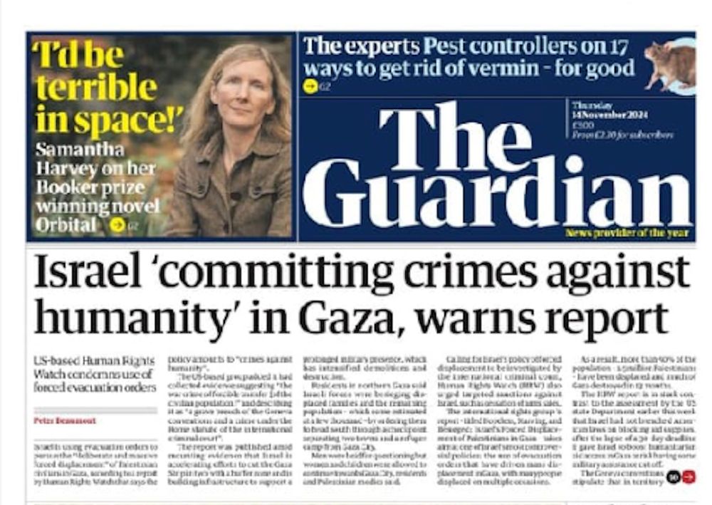 Guardian front page headlining the new Human Rights Watch report