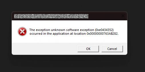 A Windows error message. The title of the error looks like TV Static. The title bar is also transparent for some reason.

The error reads as follows.
The exception unknown software exception (0xe0434352) occurred in the application at location 0x00000000763AB282