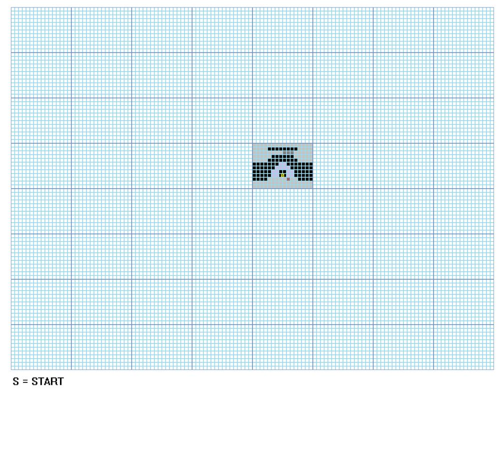 A large, mostly empty grid of squares, with one section of the grid filled in to create a map of a 2D platforming game. A key at the bottom declares that 'S' equals 'Start'. 