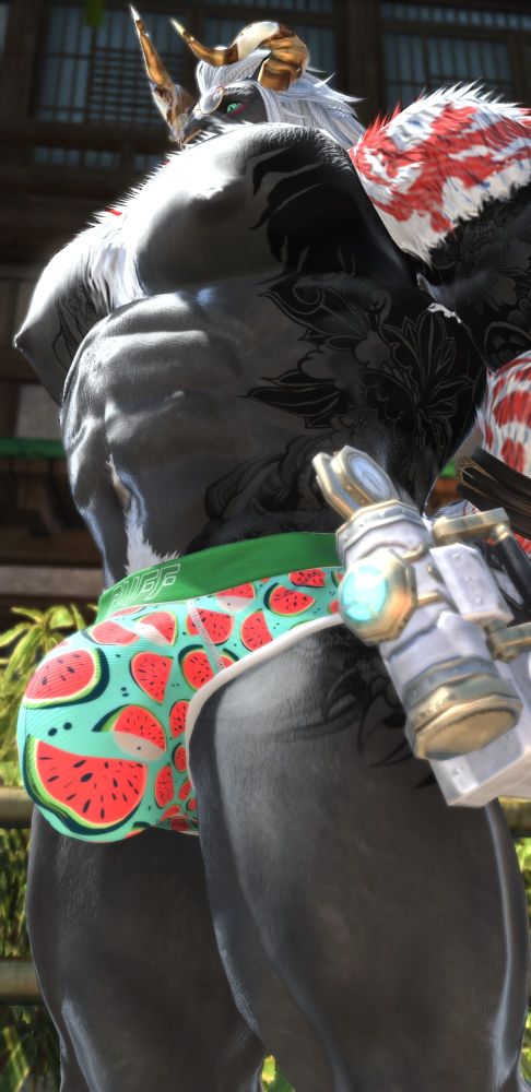 nice side profile of thicc Hrothpa in watermelon undies barely peeking over his own tits