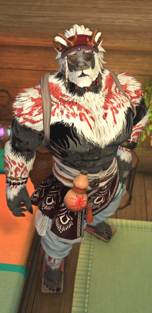 Wearing an "Eastern Summer Dad" look, with a wine red visor hat with aviator shades, nose ring, under arm cloth straps used to keep traditional farm clothes held up, with traditional waist wrappings, a hyotan, linen pants, and a pair of wooden geta