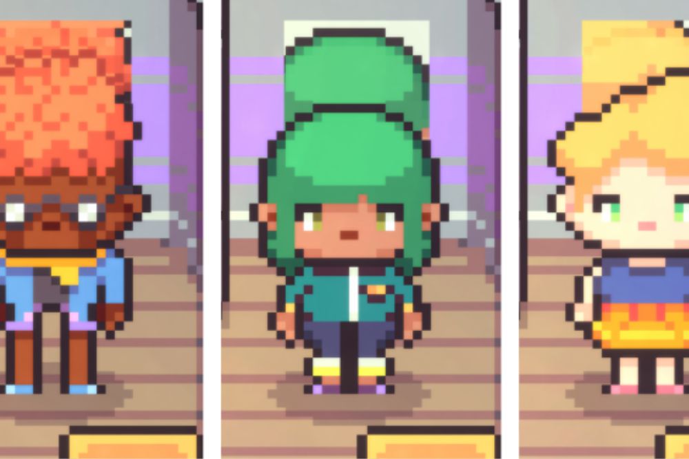 Discounty preview showing a variety of different characters standing by a mirror, demonstrating the breadth of the character creation system.