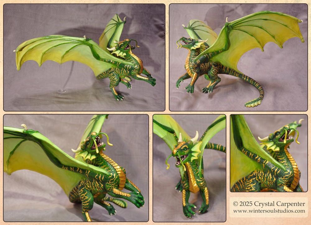 Photos of a green and gold dragon sculpture, showcasing multiple angles of the sculpture. 