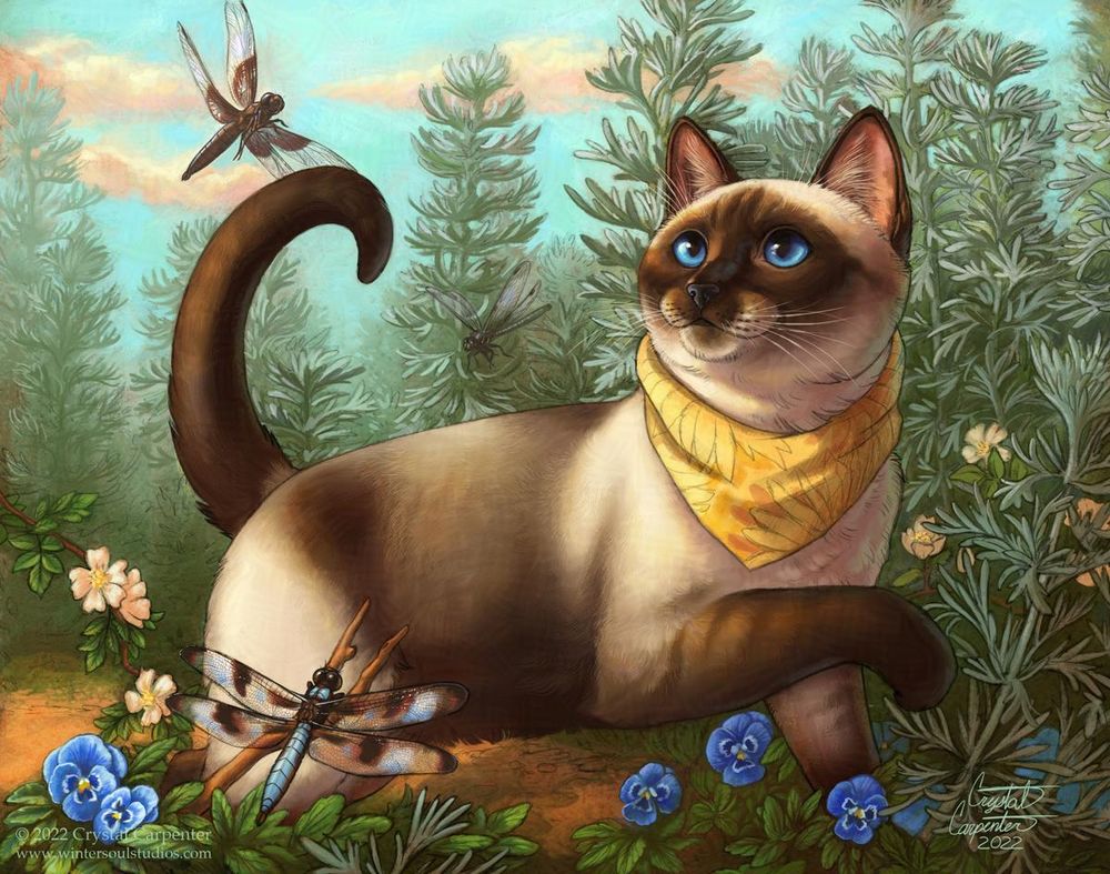 A siamese cat with a yellow sunflower scarf prances through a garden, lush with plants and dragonflies.