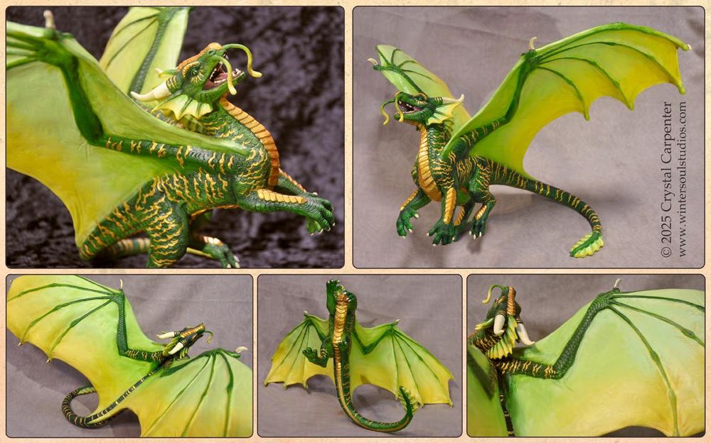 Photos of a green and gold dragon sculpture, showcasing multiple angles of the sculpture. These photos show the details outside of the "main" angles the sculpture would be viewed at, such as detailing on the wings and scales.