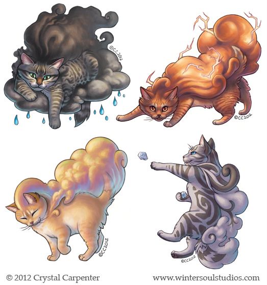 Four storm kittens. Top left - a tabby rain cloud, right is a lighting orange tabby. Bottom left is a rainbow sunset cloud, and right is a hail cloud classic tabby, who is causing much mischief with his giant hail.