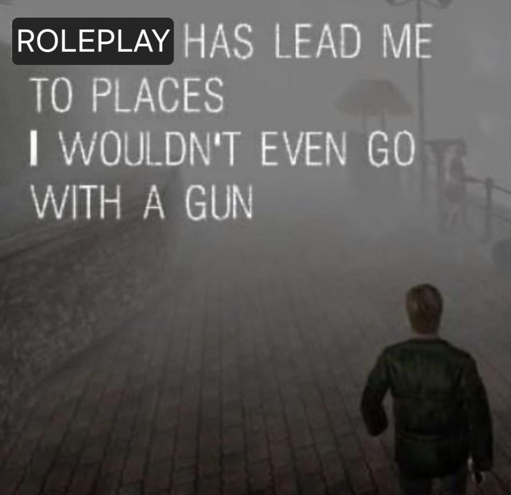 silent hill 2 meme of james sunderland walking into the fog. Original text said "my dick has lead me to places I wouldnt even go with a gun", but it's edited to say "roleplay" instead