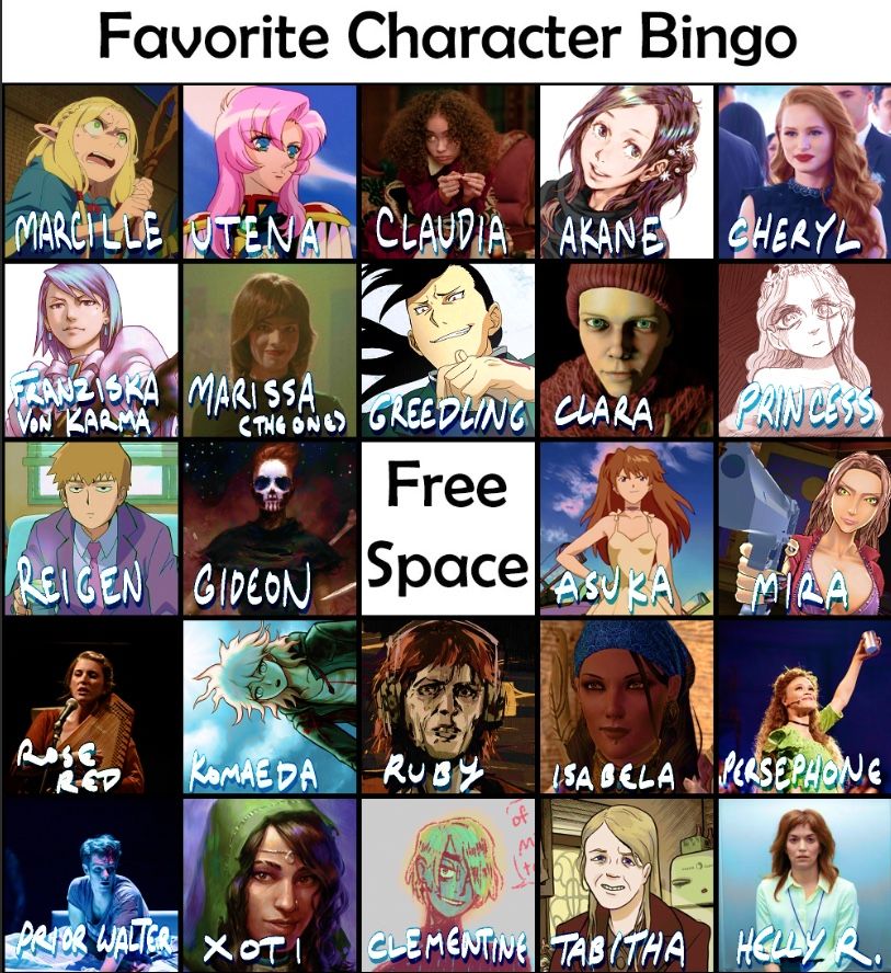 from top to bottom:
marcille, utena, claudia, akane, cheryl
franziska von karma, marissa (the one), greedling, clara, princess
reigen, gideon, free space, asuka, mira
rose red, komaeda, ruby, isabela, persephone
prior walter, xoti, clementine, tabitha, helly r