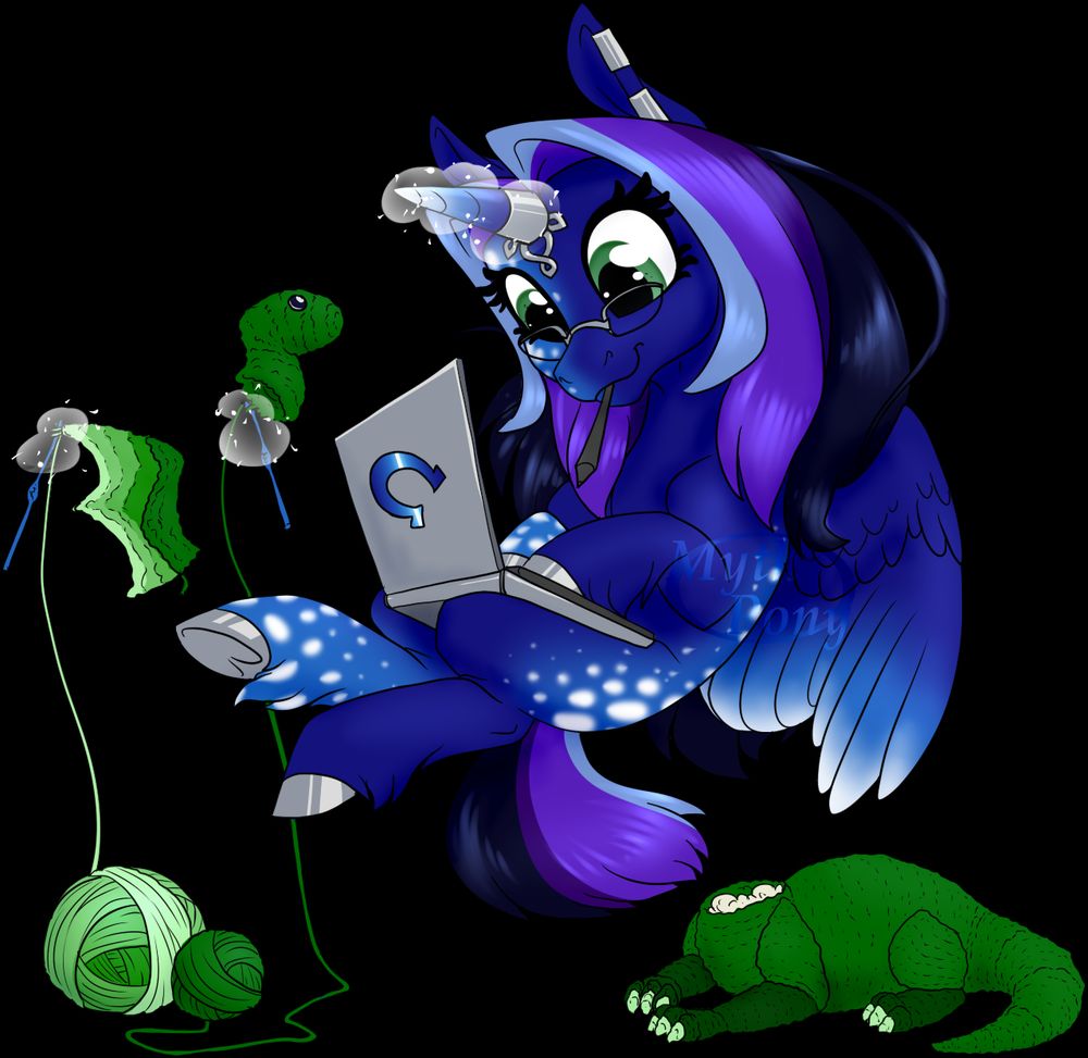 floating, blue pony holing laptop, drawing, and crochetting a green amigurumi dragon