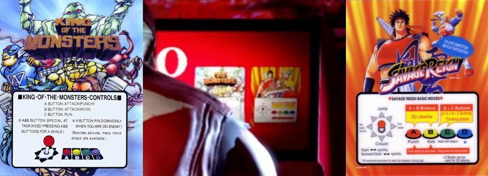 Screenshots of the MVS cabinet from Terry's select screen pose from Street Fighter 6, with the marquee graphics from King of the Monsters and Savage Reign showing that they match the games shown in the cabinet.