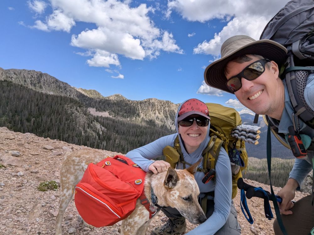 John, Theresa, and Bruce (our dog) smile on the Santa Barbara Divide