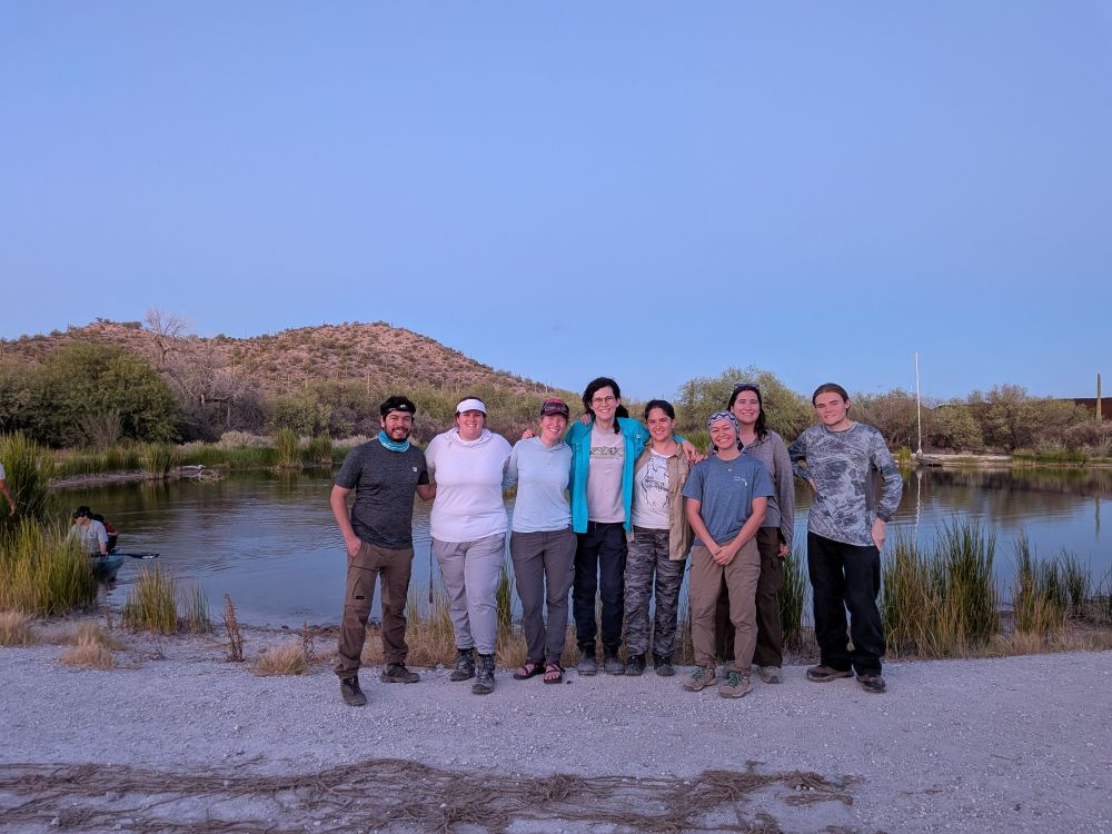 NMSU and UNAM colleagues at Quitobaquito Spring, Organ Pipe Cactus National Monument. From left to right, Mike, Holly, Theresa, Fer, Mayra, Gabby, Natalia, and Jayden