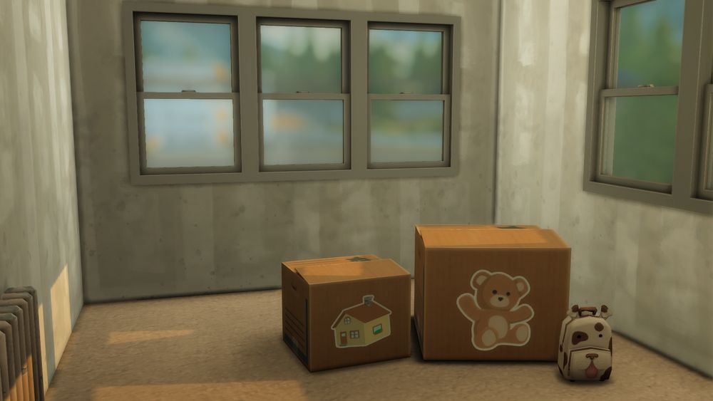 future child's bedroom with boxes and a rucksack