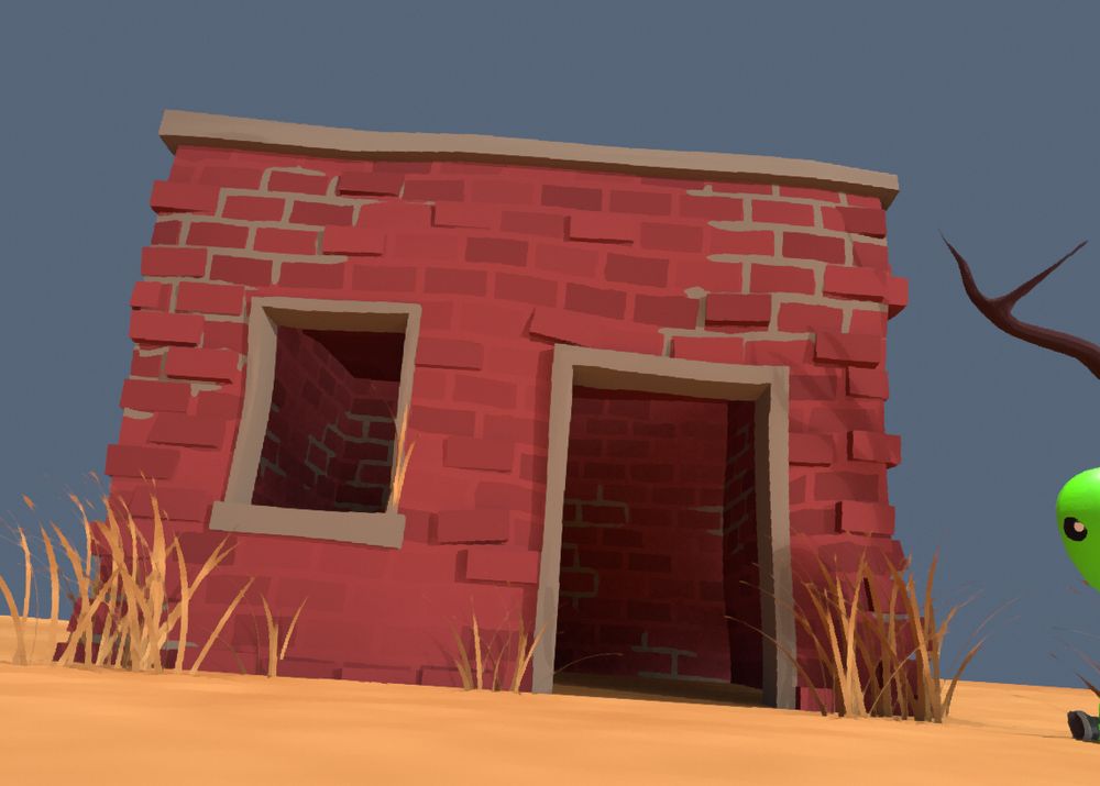 A 3D render of a small withered brick house in a dry sandy environment the bricks look havocally placed, if you dragged your hand across the walls your palm would be jabbed by a misplaced brick, dead grass is sticking out from the crevices where rainwater would be trapped also an green alien is barely cropped from the photo, just its eye peaking out 