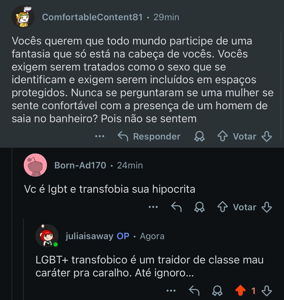 Post do Reddit de uma mulher LGBT sendo extremamente transfobica e me chamando de “homem de saia”