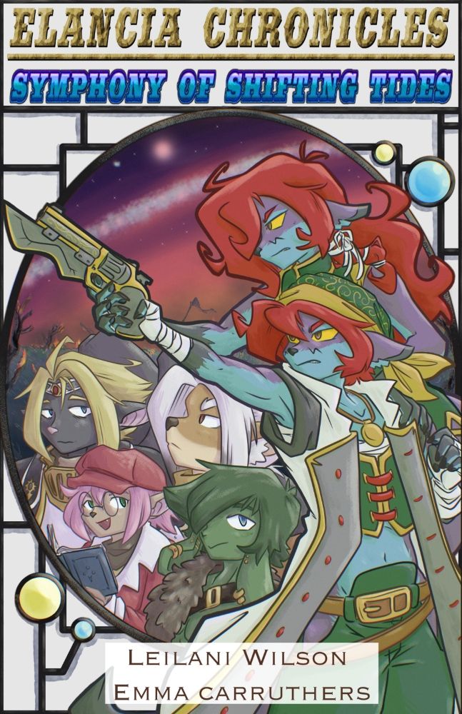 Cover art for Elancia Chronicles: Symphony of Shifting Tides, which features several anthropomorphic characters, with two holding a gun together. Art by Renz.