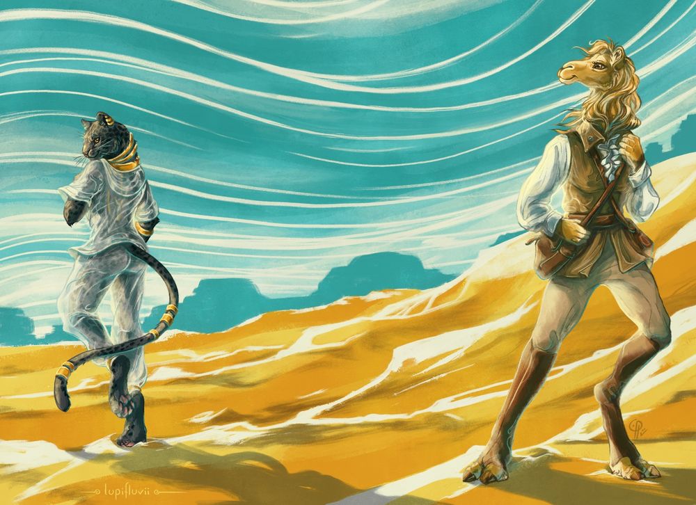 Desert scene with two anthropomorphic characters. The first is a female camel facing the viewer. She is wearing jodhpurs, boots, and a vest with a blouse beneath. The second is a blank panther facing away from the viewer, but looking back in a sultry pose. She is wearing light, flowing clothing and golden bands on her wrists, neck, and tail.

Art by LupiFluvii.