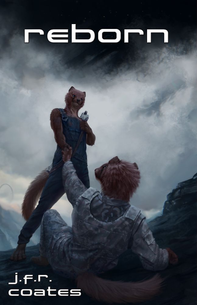 Cover art for Reborn, which features a starat – an anthropomorphic weasel-like creature – standing upright and holding his hand out to help up a second starat, lying on his back. The starat standing is wearing work overalls, while the second is wearing military uniform. They are in a rocky environment with a dark sky. Art by Ilya Royz.