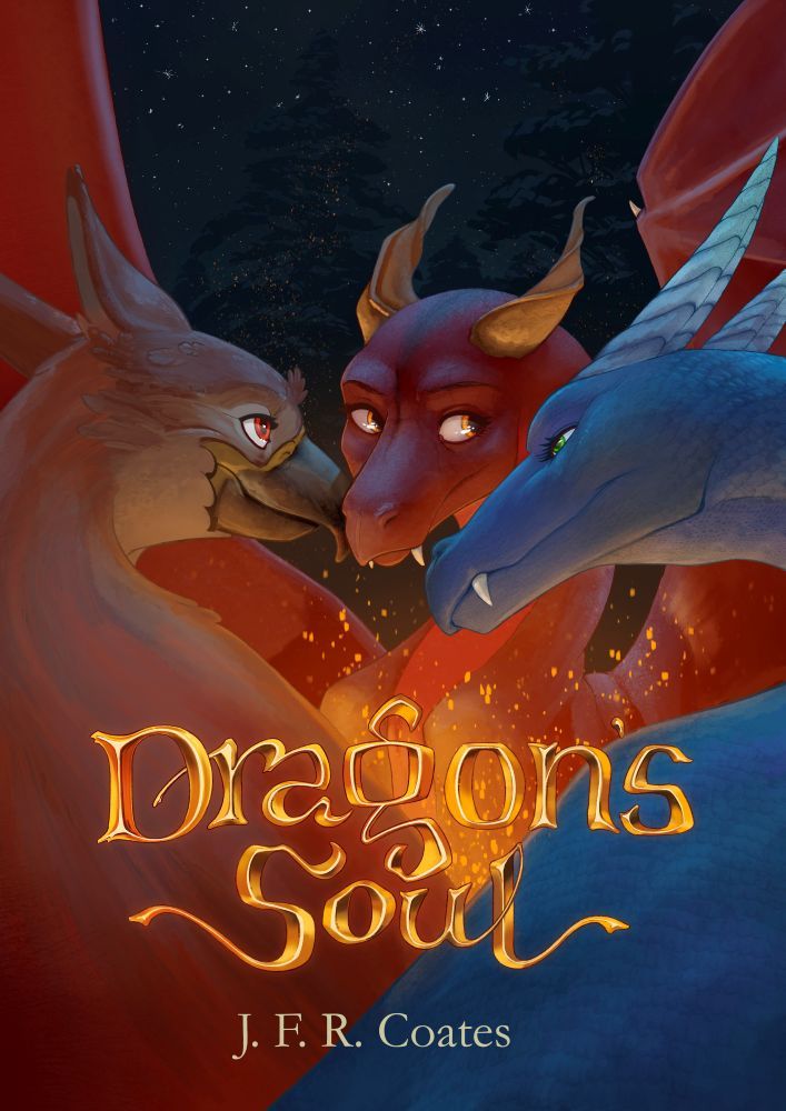 Cover art for Dragon's Soul, featuring to dragonesses and a gryphon in a close, loving huddle. Art by Vurt.