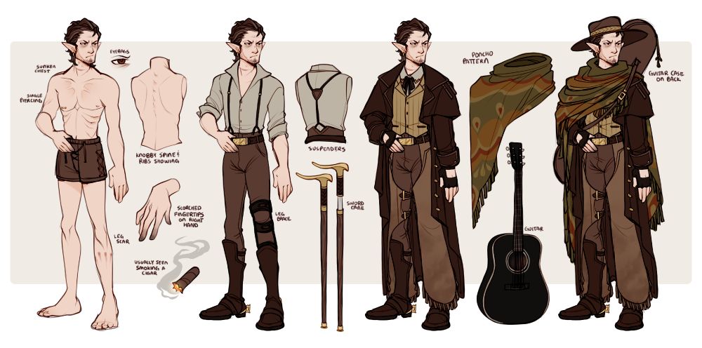 A detailed reference of an emaciated man with a sunken in chest, with brown hair and grey streaks running through it.  He comes in various levels of clothing layers and features his scars, items and weapons.