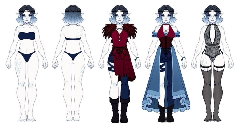 A white-skinned woman with black/blue/white gradient hair, covered in scars and shown in multiple outfits.