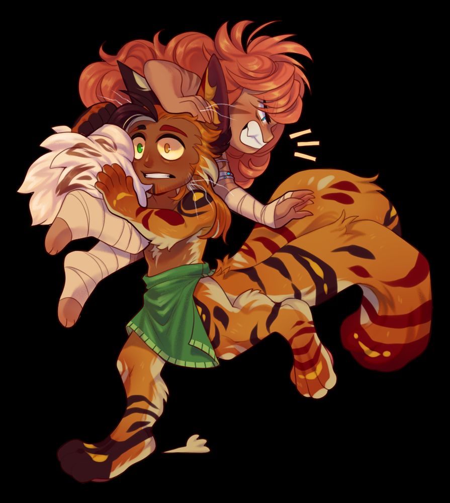 an orange colored catboy with two tails is running away from something, carrying off his friend while she looks back menacingly