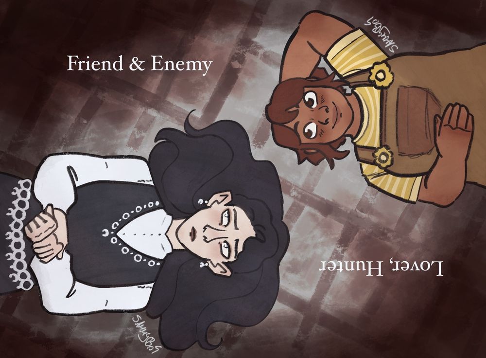 Digital art of two girls laying on the ground opposing each other so their heads are side by side, the shot is aerial, looking down on them. One girl is very pale with long dark hair splashed out on the ground around her. She is dressed in black and white ress with moon motifs stitched into the hems. She has sharp ears and sharp eyes, looking over with a frown to the other girl. The Second girl has light brown skin and a rounder body type. her posture is more relaxed than the first girl. She has short brown hair and wears brown overalls and a striped yellow shirt with flowers.  She smiles over at the first girl. Text on the imagine reads "Friend & Enemy. Lover, Hunter" quoted disjointedly from the song Love & War by Fleurie