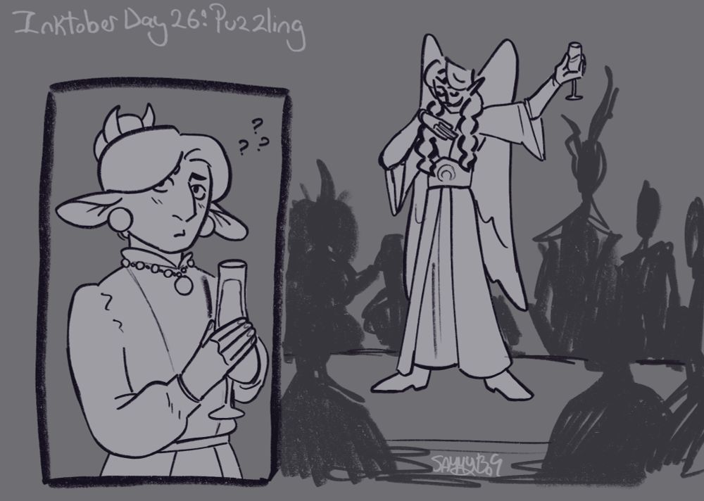 Corner text reads "Inktober Day 26: Puzzling". Depicted is Faruaill, an adult elf with large wings. He is stood on a table at a social gathering, drink held high as he gestures to himself, clearly keeping the crowds attention. In a box to the side is Kaerr, Faruiall's cousin. They are holding a drink and looking quite puzzled and concerned presumably towards Faruaill.