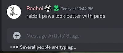 Discord message of "rabbit paws look better with pads" having an immediate reaction from the chat of 'Several people are typing..."