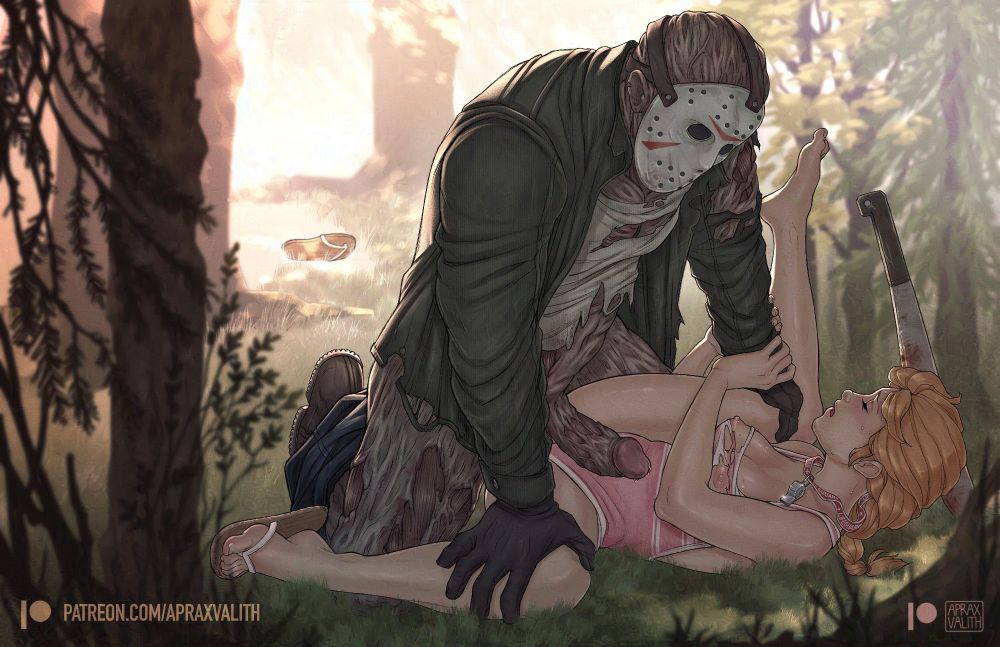 Full color illustration of zombie Jason from the Friday the 13th franchise and a female summer camp lifeguard character in a torn pink swimsuit. They are on the grounds in the forest. He's spreading her legs open + rubbing his cock against her pussy and she's grabbing his arm. One of her flip-flops is missing and can be seen in the background as if she lost it during a chase.