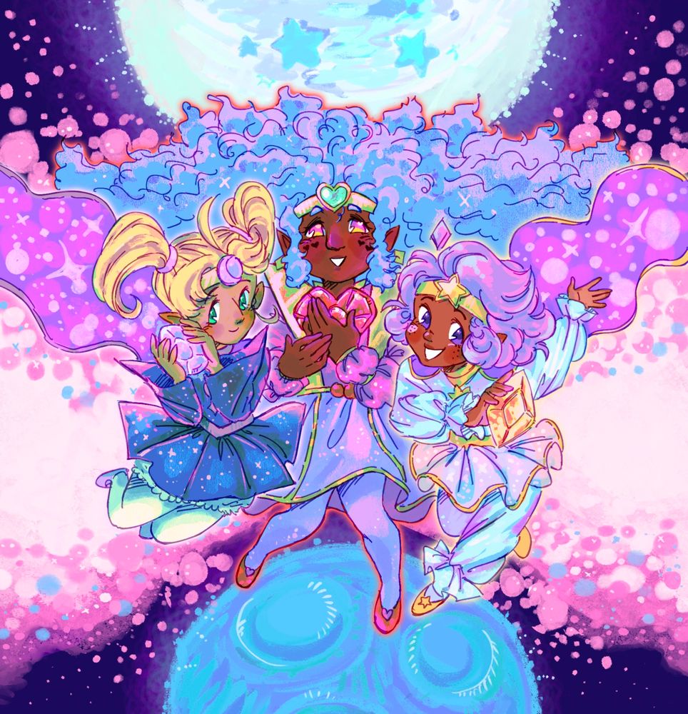 @stardecahedron’s characters Pink Nebula, Blue Moon and White Dwarf posing happily in front of their namesakes in space. 🌠